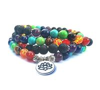 Multi Color 7 Chakra 108 Mala Lava Beads Bracelets Yoga Oración Lotus Buddha Charm Strand Pulsera para mujeres Hombres-loto