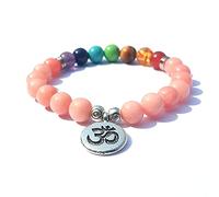 Multi Color 7 Chakra Pink Sun Stone Pulseras Lotus Buddha Charm Strand Pulsera Pulsera de cuentas naturales de 8 mm para mujeres-om rosa