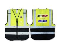 Multi-Colores Logotipo personalizado Amarillo Azul Marino Salzmann. Chaleco de seguridad de alta visibilidad chaleco multi bolsillos para teléfono, tarjeta de identificación Hi-Vis chaleco 3M cinta