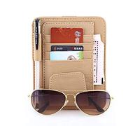 Multi-función del Coche Visera del Sol Organizador de la Tarjeta de Almacenamiento Gafas Titular Clip Bolsa Bolsa Colgando Titular PU Cuero(Beige)