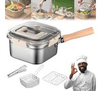 Multi-function Frying Cooker Set - Fryer, Cooker, Fresh Keeping & Vegetables Washing, Portable Outdoor Cooking Pot with Frying Basket, Tongs and Oil Drip Rack (Set C)