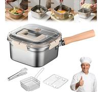 Multi-Function Frying Cooker Set-Fryer, cooker, Fresh Keeping & Vegetables Washing, Stainless Steel Portable Outdoor Cooking Pot with Frying Basket, Tongs and Oil Drip Rack (Set C)
