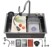 Multi-Functional 13-Piece Stainless Steel Kitchen Sink Set with Digital Display Pull-out Faucet Single Bowl Workstation & Cup Washer Control Knobs - Modern Black & Grey (75x45cm)