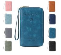 Multi-functional RFID Passport Holder for Travel Essentials,Passport Holder for Travel Essentials,Slim Leather Wallet Cover Case with Safe Zipper, Travel Wallet for Men & Women (Peacock blue)