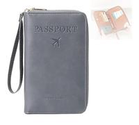 Multi-Functional RFID Passport Wallet, Leather RFID Blocking Passport Holder with Zipper, Passport Holder for Travel, Anti-Theft Protective Case Travel Wallet for Women Men (Gray)