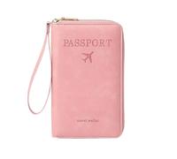 Multi-Functional RFID Passport Wallet,Travel Wallet, Slim Leather Passport Holder with Zipper,Card Slots & Wrist Strap Travel Essentials Case for Cash,Tickets & Id,Passport (Pink)