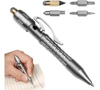 Multi-functional Titanium Pen - Ultimate Edc Pocket Tool,Portable Bolt Action Tactical Pens with 6 Quick-Swap Heads,Write,Screw,Cut, Tap,Sketch,Touchscreen,Gift for Men Dad Husband (Silver)