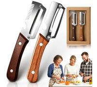Multi Functional Vegetable Peeler, Stainless Steel Peeler (Sbucciare + Tagliare a Julienne + Lid Opener) with Ergonomic Non-slip Wooden Handle for Tough Skins Potato, Carrot, Pumpkin (2 Pcs A)