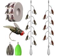 Multi-hook Artificial Fly Fishing Lure Set, Bionic Fly Fishing Bait, Quick Strike Flys Bait Gear with 2 Throwing Aids for Bass Trout, Handmade Swimbait for Freshwater Saltwater(7 hooks green+red,Small