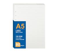 MultiBey Papel de recambio forrado A5, 120 g/m² de grosor con 6 anillas para diario y planificación, papel de relleno de hojas sueltas rayado universitario para cuadernos A5 de 6 agujeros, 80 hojas