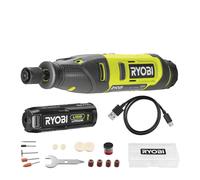 RYOBI - Mini Multiherramienta - para Lijar, Pulir, Grabar y Afilar - Cambio de Puntas sin Herramienta - Velocidad 5000-25000 rpm - 15 Accesorios y Batería de Litio Recargable 4V USB - RRT4-120GA15