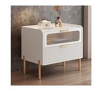 Multifuncional Mesita de noche moderna blanca, mesa auxiliar con elegantes encimeras de losa de roca, puerta decorativa de vidrio y espacio de almacenamiento de 2 niveles, for dormitorio, sala de esta