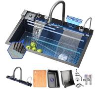 Multifunctional Black Nano Stainless Steel Kitchen Sink - Single Bowl Workstation with Waterfall Design & Digital Display Includes Pull-out Fly Rain Faucet (75x45x22CM)