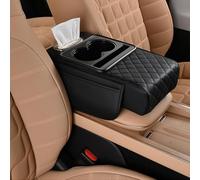 Multifunctional Car Armrest Box, 5-in-1 Center Console Cover Cushion with 2 Storage Bags Cup Holder, Tissue Box Slot, Phone Slot for Most Cars (Black)