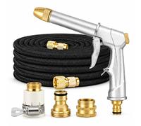 Multifunctional Car Wash Tool, All Metal High Pressure Garden Hose Nozzle with Expandable Hose, 360° Adjustable 4 Spray Patterns, Heavy Duty Water Spray Gun (Silver,11.5FT → 35FT All-Metal Set)