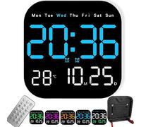 Multifunctional Digital Alarm Clock for Home & Office, Large Digital Wall Clock Battery Operated, LED Wall Clock with Adjustable Brightness, Date Day Temperature Display for Walls & Desk (Blue)