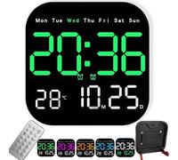 Multifunctional Digital Alarm Clock for Home & Office, Large Digital Wall Clock Battery Operated, LED Wall Clock with Adjustable Brightness, Date Day Temperature Display for Walls & Desk (Green)