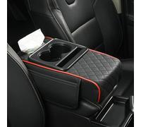 Multifunctional PU Leather Car Armrest Box Mat, 2026 New 5-in-1 Center Console Organizer with Cup Holders, Phone Slot, Tissue Box Slot, and 2 Storage Bags - Fit for Most Car (Black-Red)