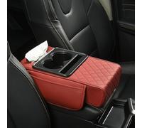 Multifunctional PU Leather Car Armrest Box Mat, 2026 New 5-in-1 Center Console Organizer with Cup Holders, Phone Slot, Tissue Box Slot, and 2 Storage Bags - Fit for Most Car (Red)