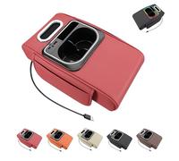 Multifunctional PU Leather Car Armrest Box Mat,2026 Upgraded Car Armrest Cup Holder with Tissue Holder,Cup Holders,Ambient Light, USB Charging Port, Easy to Install (Red)