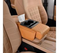 Multifunctional PU Leather Car Armrest Box Mat, 5-in-1 Center Console Cover Cushion with 2 Storage Bags Cup Holder, Tissue Box Slot, Phone Slot for Most Cars (Yellow)