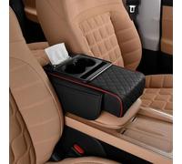 Multifunctional PU Leather Car Armrest Box Mat, 5-in-1 Center Console Cover Cushion with 2 Storage Bags Cup Holder, Tissue Box Slot, Phone Slot for Most Cars (Black Red)