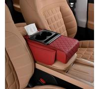 Multifunctional PU Leather Car Armrest Box Mat, 5-in-1 Center Console Cover Cushion with 2 Storage Bags Cup Holder, Tissue Box Slot, Phone Slot for Most Cars (Burgundy)