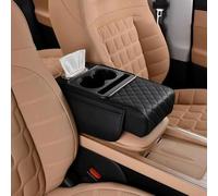 Multifunctional PU Leather Car Armrest Box Mat, 5-in-1 Center Console Cover Cushion with 2 Storage Bags Cup Holder, Tissue Box Slot, Phone Slot for Most Cars (Black)