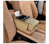 Multifunctional PU Leather Car Armrest Box Mat, 5-in-1 Center Console Cover with Cup Holder, Tissue Box Slot, Phone Holder and Storage Bags for All Vehicle Models (Beige)