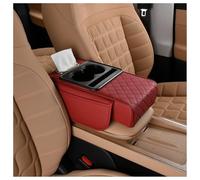 Multifunctional PU Leather Car Armrest Box Mat, 5-in-1 Center Console Cover with Cup Holder, Tissue Box Slot, Phone Holder and Storage Bags for All Vehicle Models (Red)
