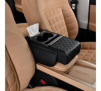 Multifunctional PU Leather Car armrest Box Mat,5-in-1Center Console Cover with Cup Holder,Tissue Box Slot,Phone Storage Side Bags,Waterproof Memory Foam Arm Rest Pad for Most Cars (Black,Quilted)