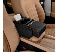 Multifunctional PU Leather Car armrest Box Mat,5-in-1Center Console Cover with Cup Holder,Tissue Box Slot,Phone Storage Side Bags,Waterproof Memory Foam Arm Rest Pad for Most Cars (Black Red,Quilted)