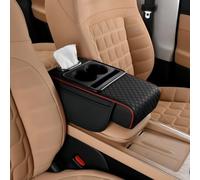Multifunctional pu leather car armrest box mat,5-in-1Center Console Cover with Cup Holder,Tissue Box Slot,Phone Storage Side Bags,Waterproof Memory Foam Arm Rest Pad for Most Cars (black red,Embossed)