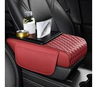 Multifunctional PU Leather Car Armrest Box Mat with Central, Car Armrest Storage Box, 5-in-1 Center Console Cover with 2 Storage Bags Cup Holder, Tissue Box Slot, Phone Slot for Sedans (Red)