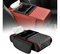 Multifunctional PU Leather Car Armrest Box Mat with Central, Car Armrest Storage Box, 5-in-1 Center Console Cover with 2 Storage Bags Cup Holder, Tissue Box Slot, Phone Slot for Sedans (Black Red)