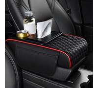 Multifunctional PU Leather Car Armrest Box Mat with Central, Car Armrest Storage Box, 5-in-1 Center Console Cover with 2 Storage Bags Cup Holder, Tissue Box Slot, Phone Slot for Sedans (Black Red)