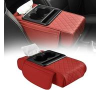 Multifunctional PU Leather Car Armrest Box Mat with Central, Car Armrest Storage Box, 5-in-1 Center Console Cover with 2 Storage Bags Cup Holder, Tissue Box Slot, Phone Slot for Sedans (Red)