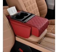 Multifunctional PU Leather Car Armrest Box Mat with Central Elbow, Car Armrest Cushion, 5-in-1 Center Console Cover, with 2 Storage Bags, Cup Holder, Tissue Box Slot, Phone Slot (Wine Red)