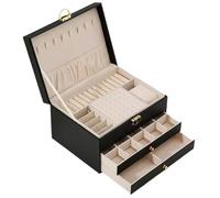 Multifunctional Three Layer Leather Jewelry Box With Lock Earrings Storage For Women para Joyas y Pendientes(Black)