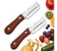 Multifunctional Vegetable Peeler for Kitchen, Stainless Steel Potato & Fruit Peeler with Wooden Handle, Julienne Prep Tool and Bottle Opening Function for Carrot Cucumber Apple Veg Prep (2pcs)