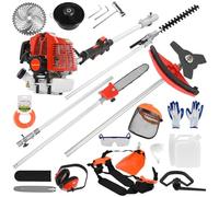 Multiherramienta de jardín de gasolina 52 cc 5 en 1, desbrozadora de 2 tiempos de largo alcance, cortador de cepillo, recortadora de césped de 430 mm, cortasetos de 425 mm y motosierra de poste de 10