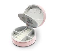 MultiValue Joyero Viaje Pequeño, Redondo Estilo Sencillo Cajas de Joyería Mini Joyeros Mujer Organizador con Espejo Cuero Joyas de Mujer para Pendientes Collares Pulseras Anillos (Rosa)