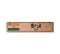 MUMBAI INDIA Letrero de calle vintage con bandera india, ciudad, campo, camino, pared, regalo rústico
