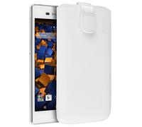 mumbi Bolso de cuero real compatible con Sony Xperia M5, (Pestaña con función de retracción, auxiliar de extracción), blanc