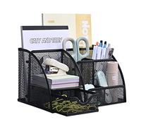 MumdoYAL Organizador escritorio de metal con cajón y porta lápices para bolígrafos, notas adhesivas, grapadoras, clips, ahorra espacio.