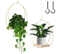mumisuto 2 Piezas Maceta Colgante Interior con Base de Madera, Macetero Colgante Boho, Macetas Colgantes para Plantas Pequeñas y Medianas, para Interior y Exterior Decoración del Hogar (Oro)