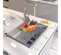 mumisuto Escurridor de Platos para Fregadero, 32,5cm-58cm Escurreplatos Plegable Tendedero Extensible de Acero Inoxidable, con 3 Cestas, Cesto para Cubiertos, 13 Agujeros, para Secar Frutas, Verduras