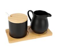 mumisuto Juego de Leche y Azúcar,Juego de Porcelana para Servir Café y Té con Tapa y Cuchara, Azucarero y Jarrita con Soporte Madera,Apto para microondas y lavavajillas (Negro)