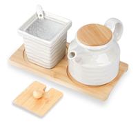 mumisuto Juego de Leche y Azúcar,Juego de Porcelana para Servir Café y Té con Tapa y Cuchara,Azucarero y Jarrita con Soporte Madera,Leche y Azúcar,Apto para microondas y lavavajillas (Cuadrado)