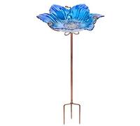 MUMTOP Baños para pájaros para Exteriores, Cuenco de Cristal para pájaros, comedero de pájaros al Aire Libre, patrón de Flores con estaca de Metal para jardín, Patio y decoración de césped (Azul)